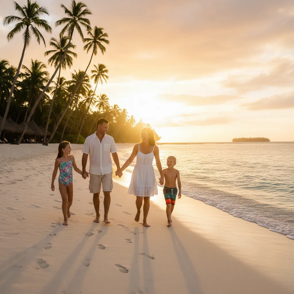 Family enjoying Fiji holidays from NZ on a sunset beach