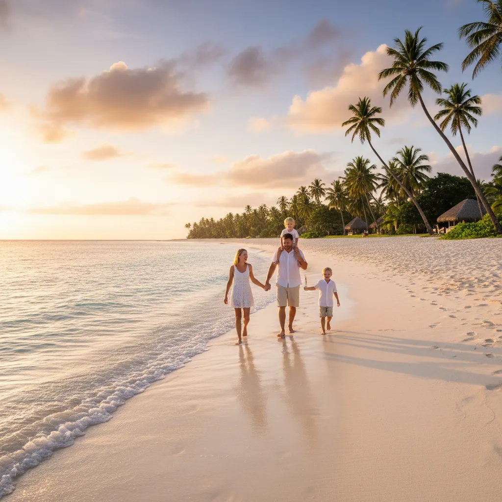 Family walking on a Fijian beach during sunset