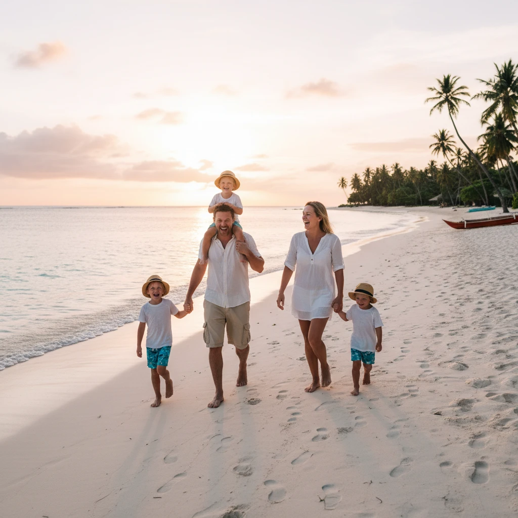 Family enjoying a sunset walk on a Fijian beach during July school holidays