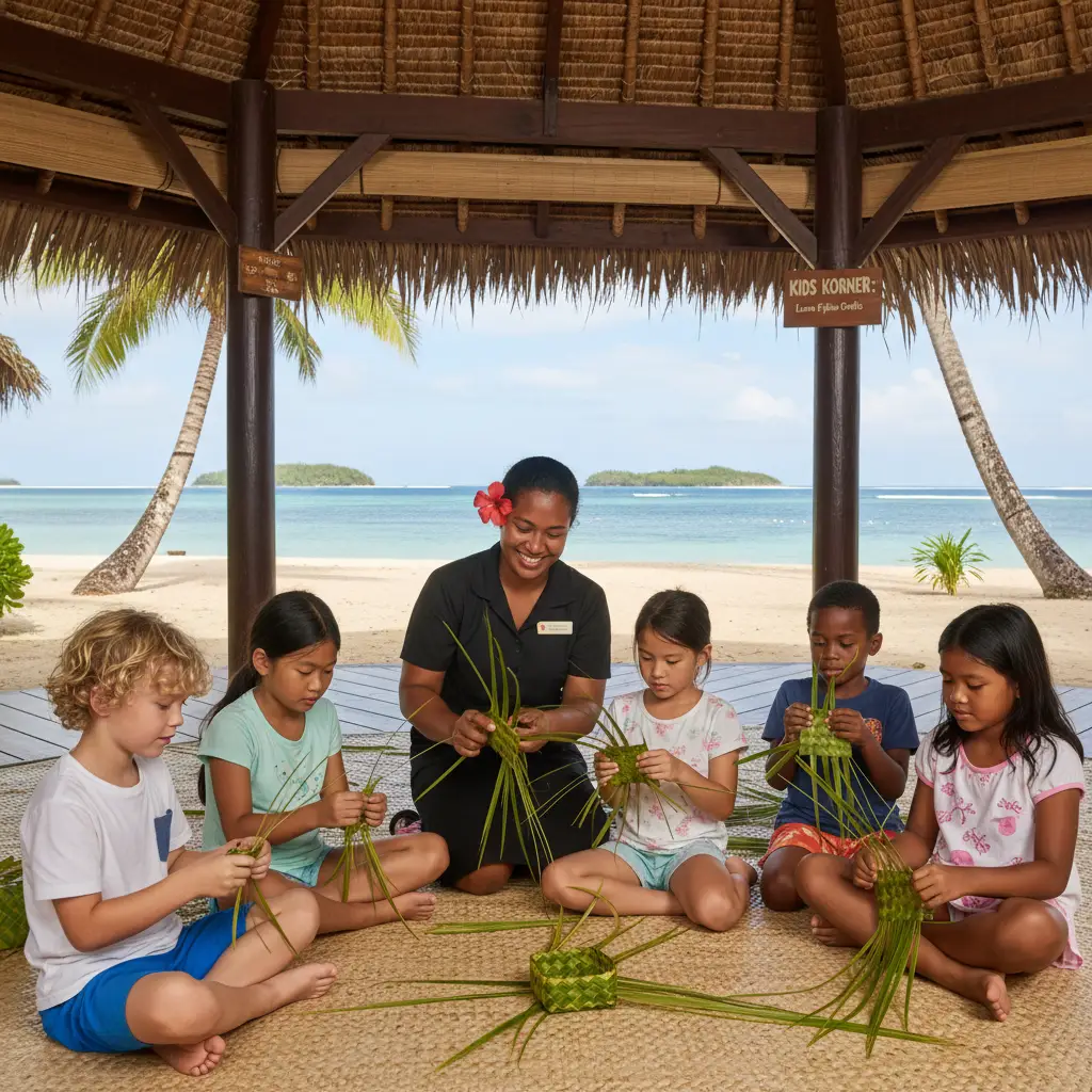 Fijian staff teaching children basket weaving at a resort kids club