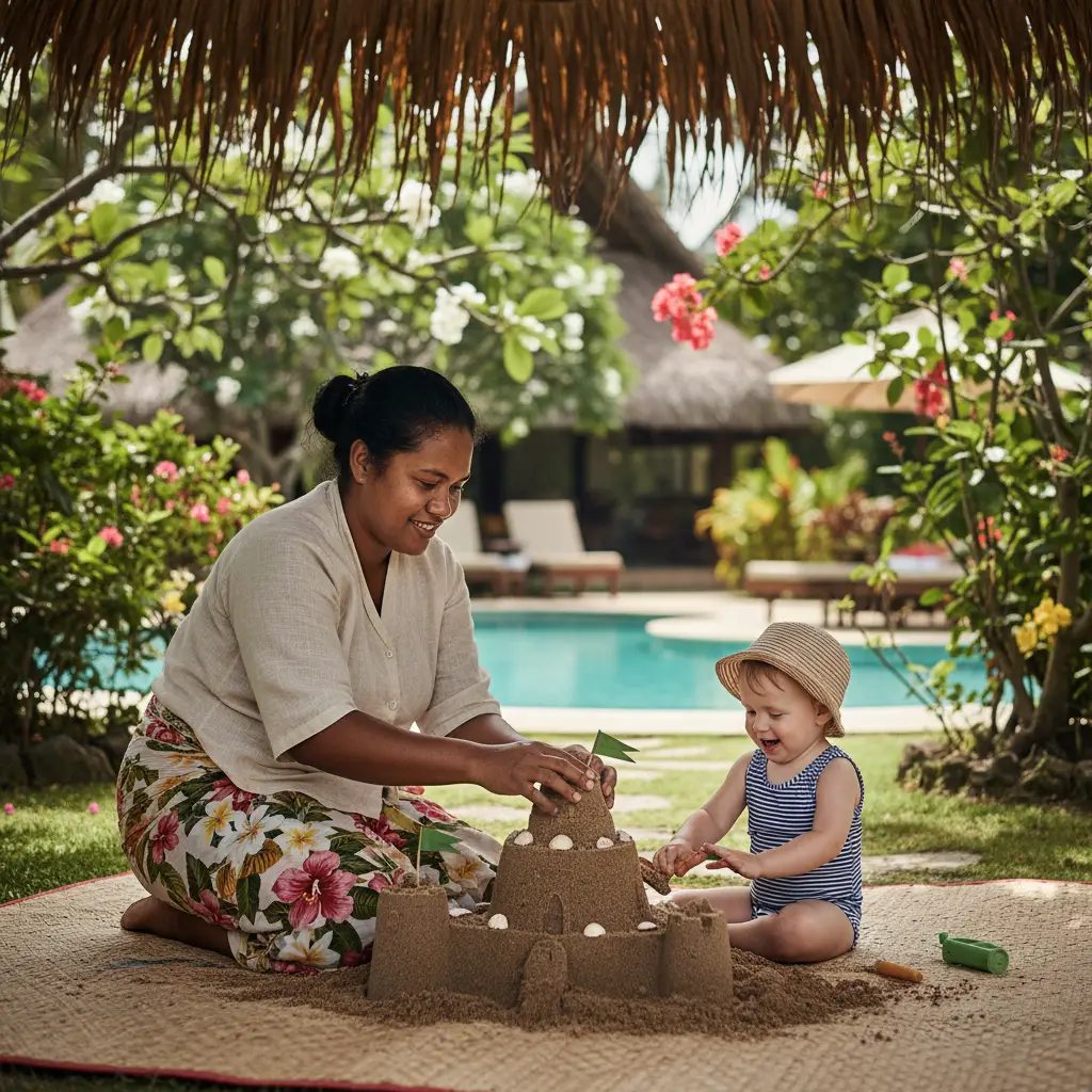 Fijian nanny building sandcastles with a toddler