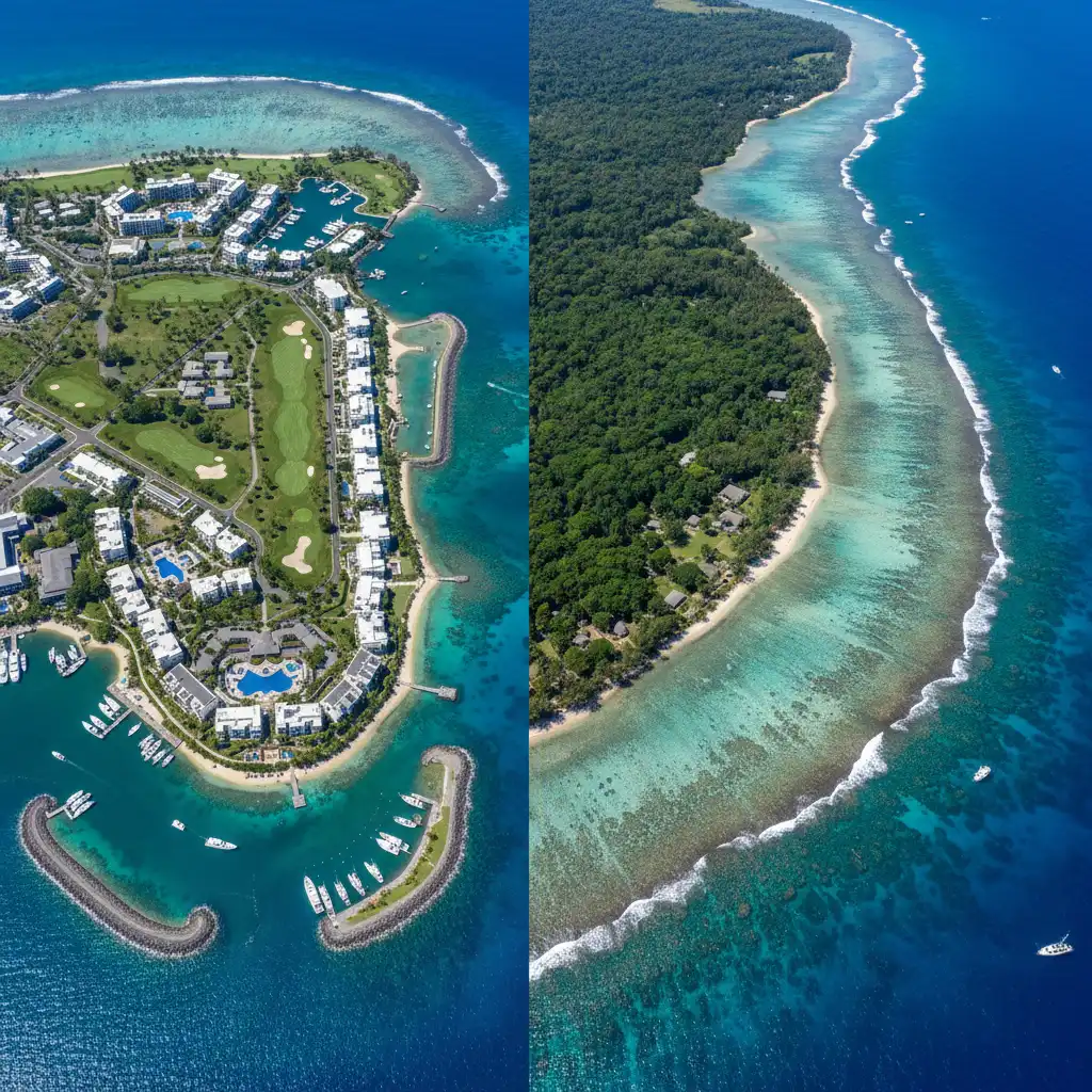 Aerial comparison of Denarau Island and Coral Coast landscapes