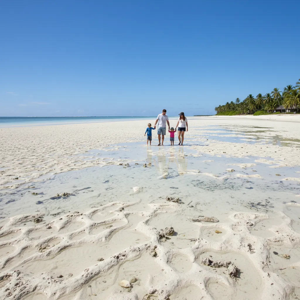 Family exploring the tidal flats of the Coral Coast