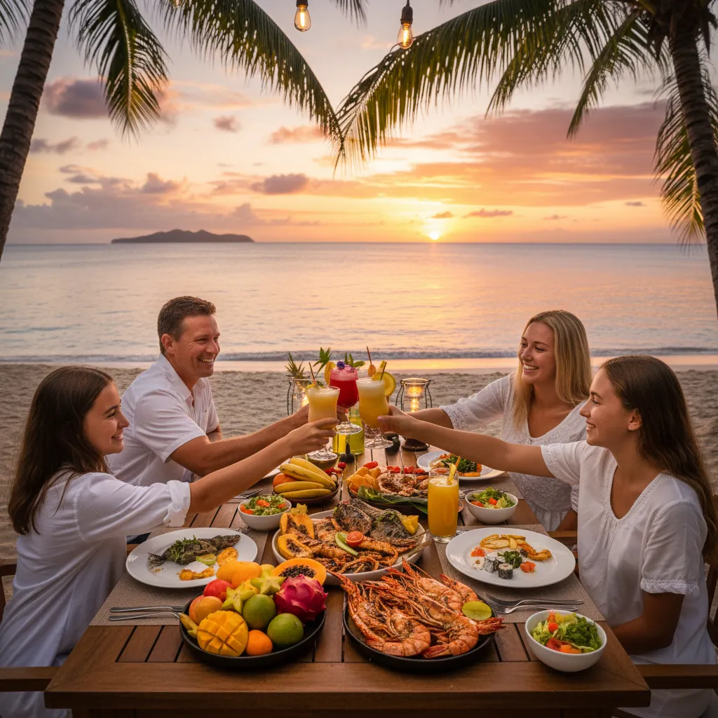 Family dining on a Fijian beach at sunset