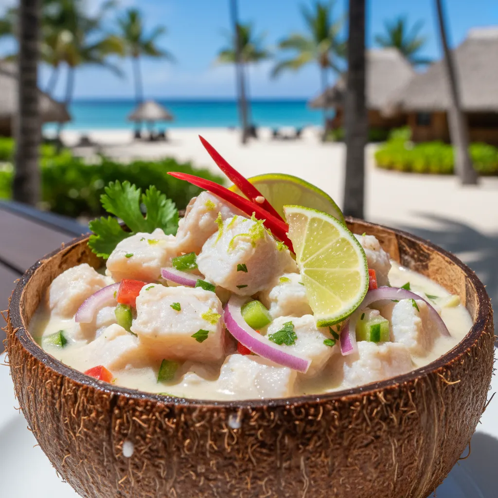 Traditional Fijian Kokoda dish served in a coconut