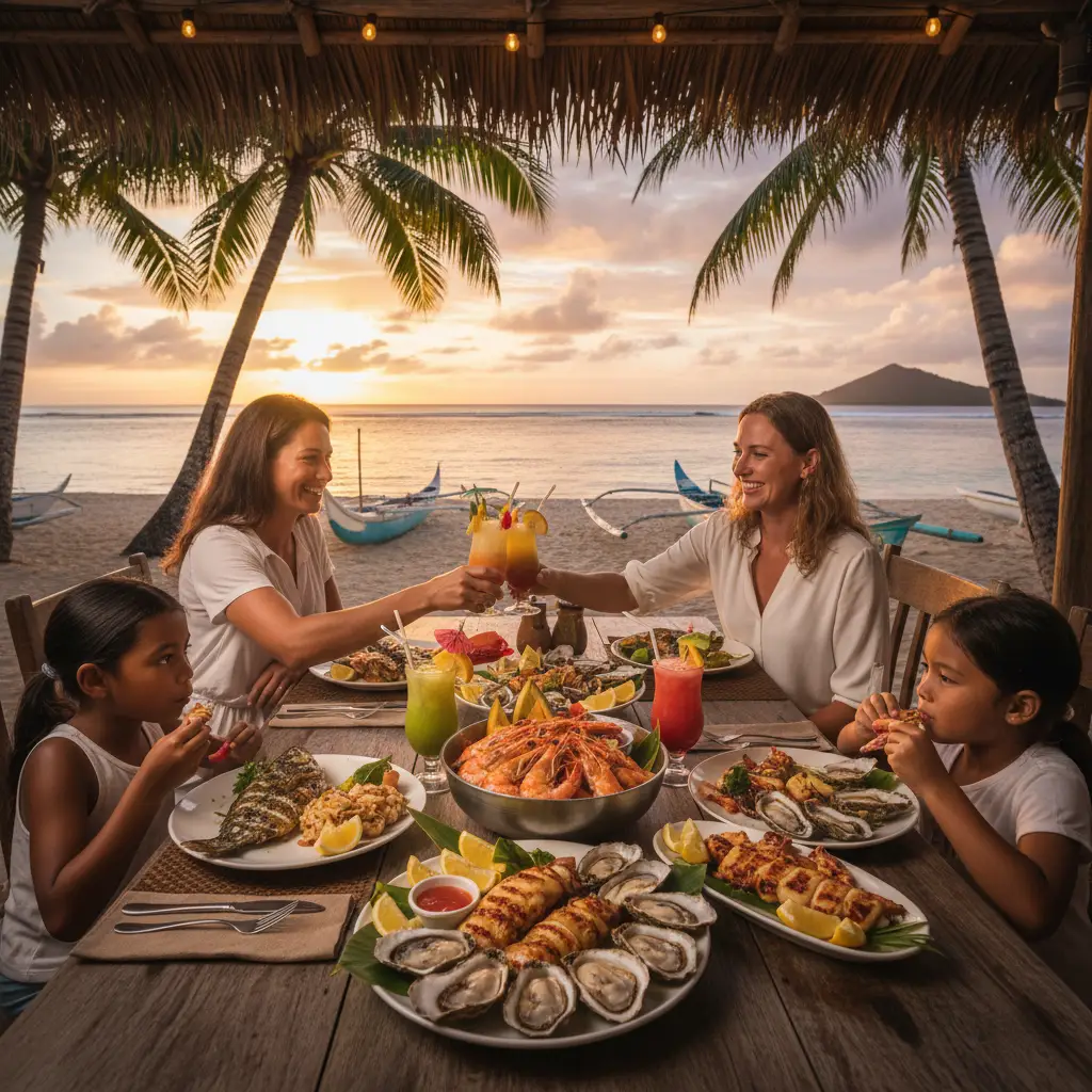 Family dining at Black Coral Restaurant at sunset