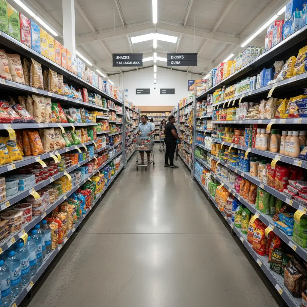 Interior of a supermarket in Fiji showing grocery prices