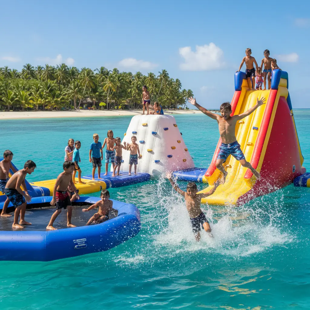 Kids playing on the Jungle Water Park obstacle course