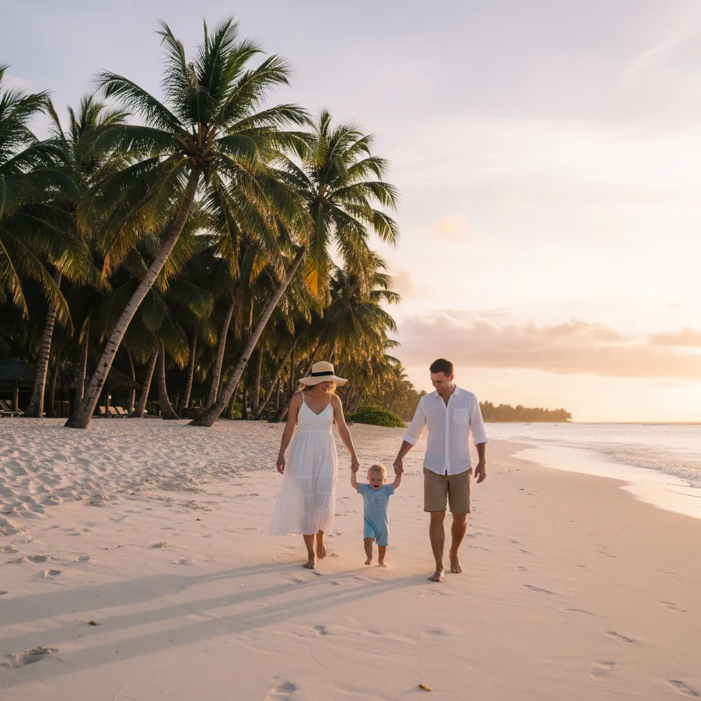 Family walking on a Fijian beach with a toddler at sunset