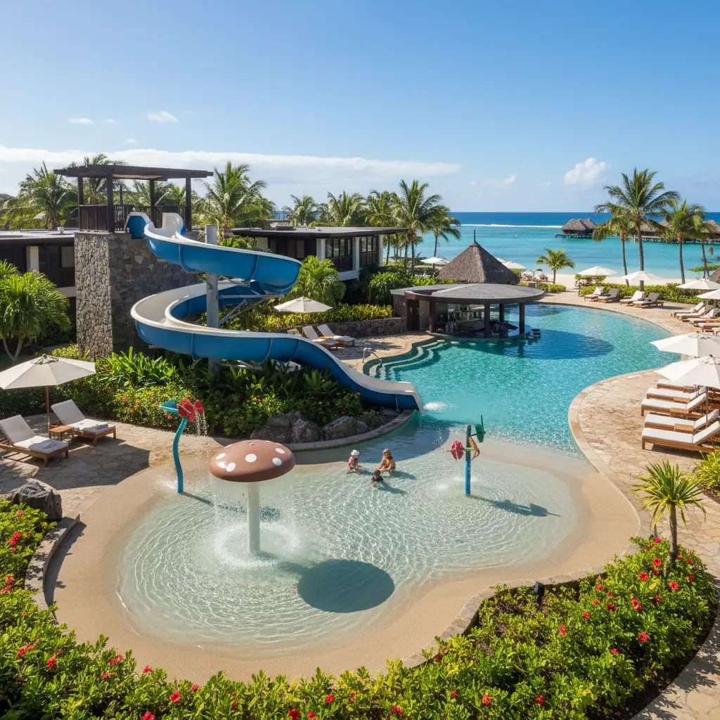 Fiji resort swimming pool with water slide and kids splash pad