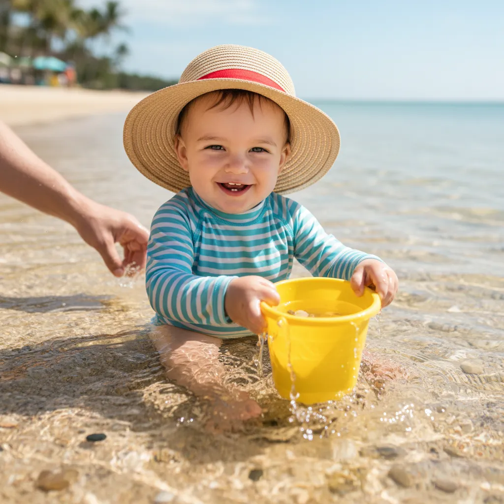 Toddler wearing sun protection gear in Fiji water