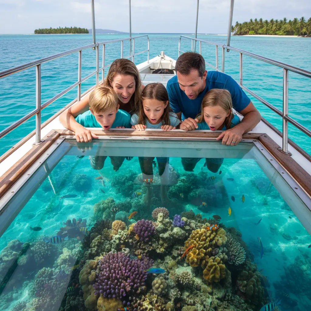 Family viewing coral reef through glass bottom boat in Fiji