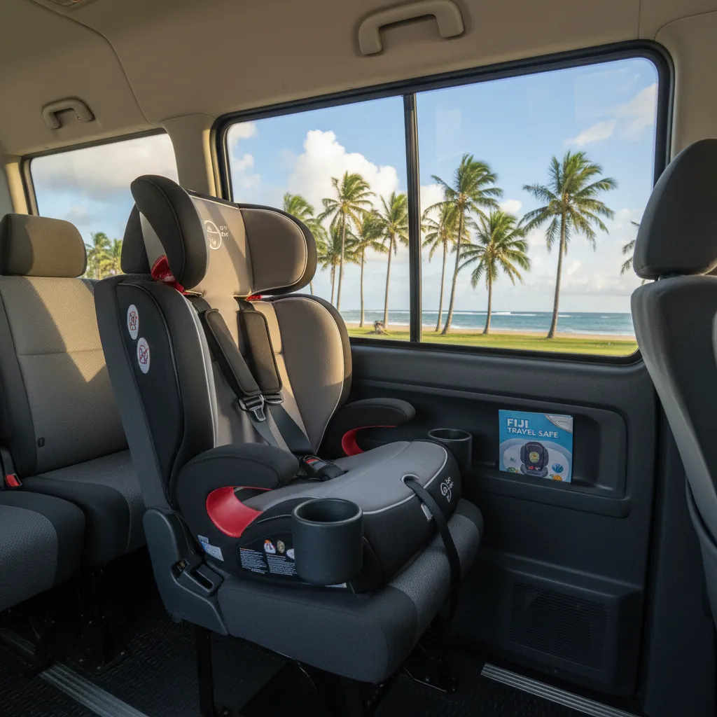 Child car seat installed in a Fiji airport transfer shuttle