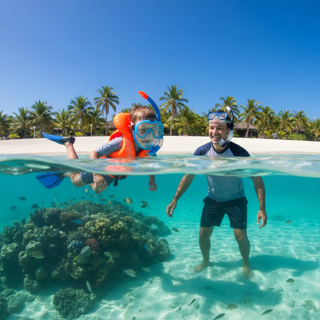 Child snorkeling safely with life jacket in Fiji
