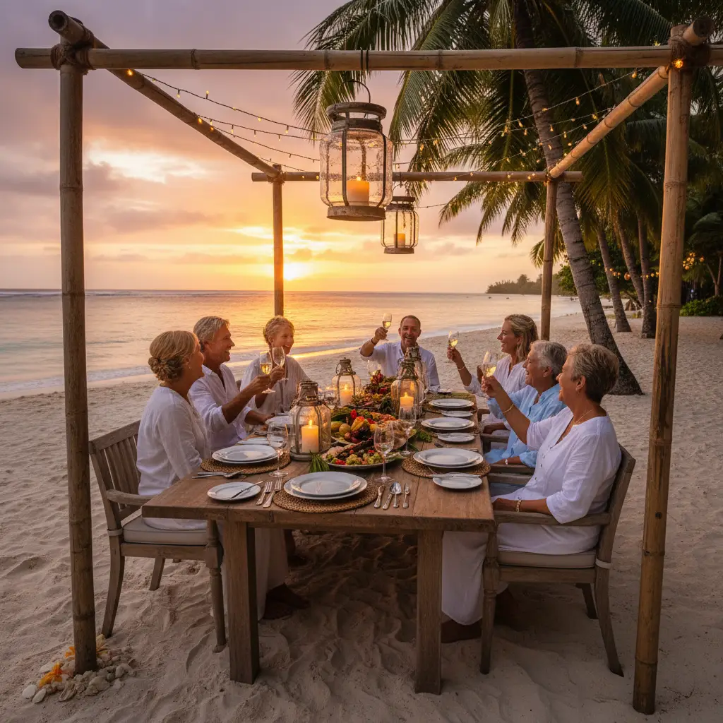 Group dining setup for large family accommodation in Fiji