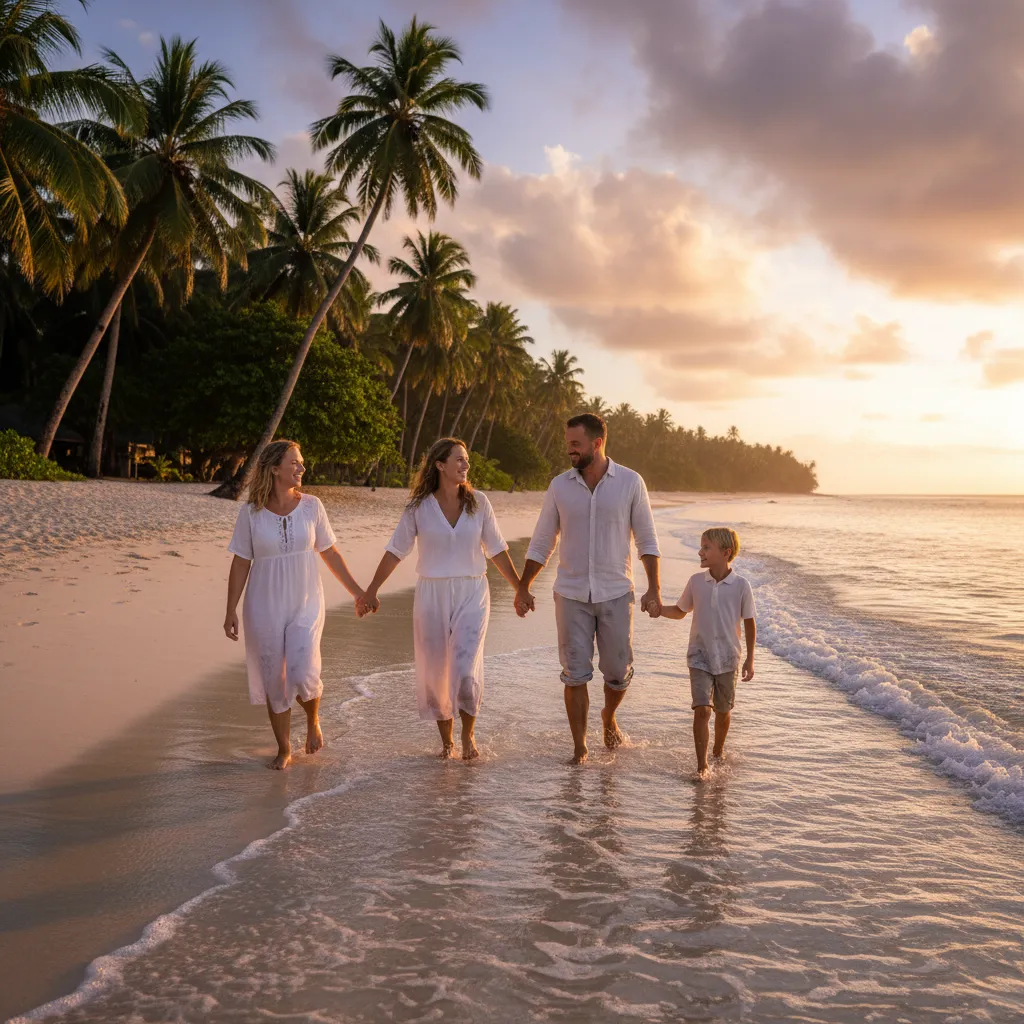 Family walking safely on a Fiji beach at sunset