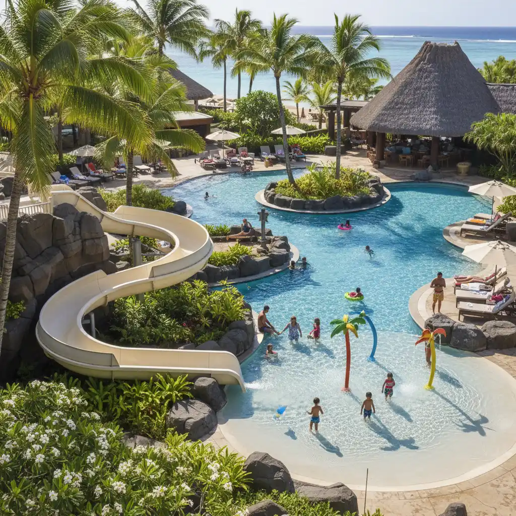 Fiji family resort pool with water slide and splash pad