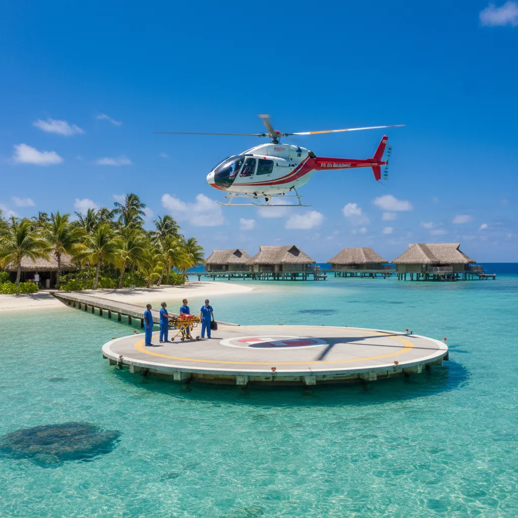 Medical evacuation helicopter landing in Fiji