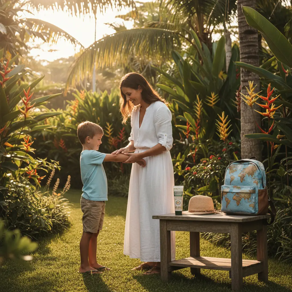 Mother applying insect repellent to child in Fiji