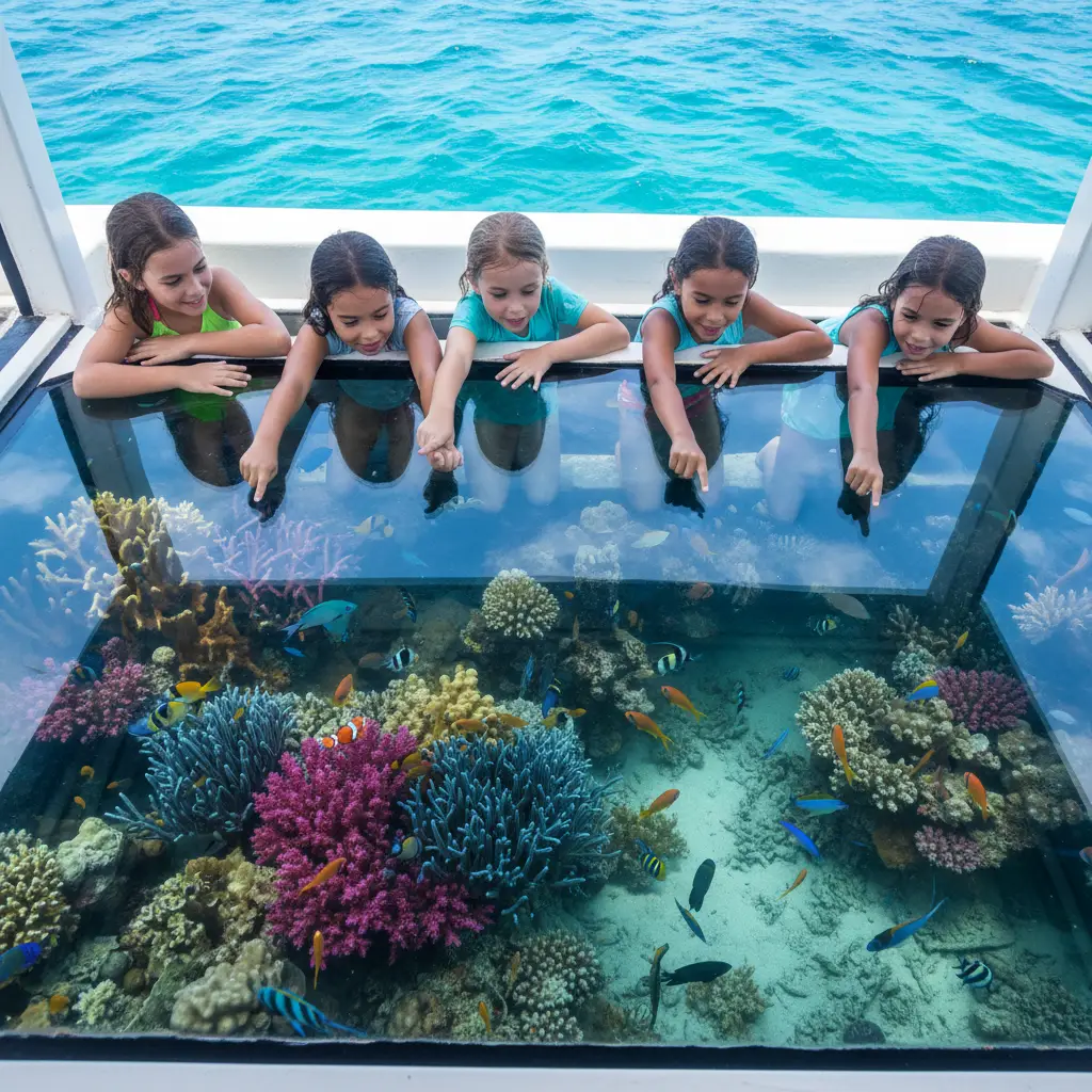 Inside view of a glass bottom boat tour in Fiji showing coral reef