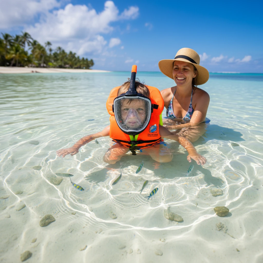Child snorkeling safely with life jacket in Fiji