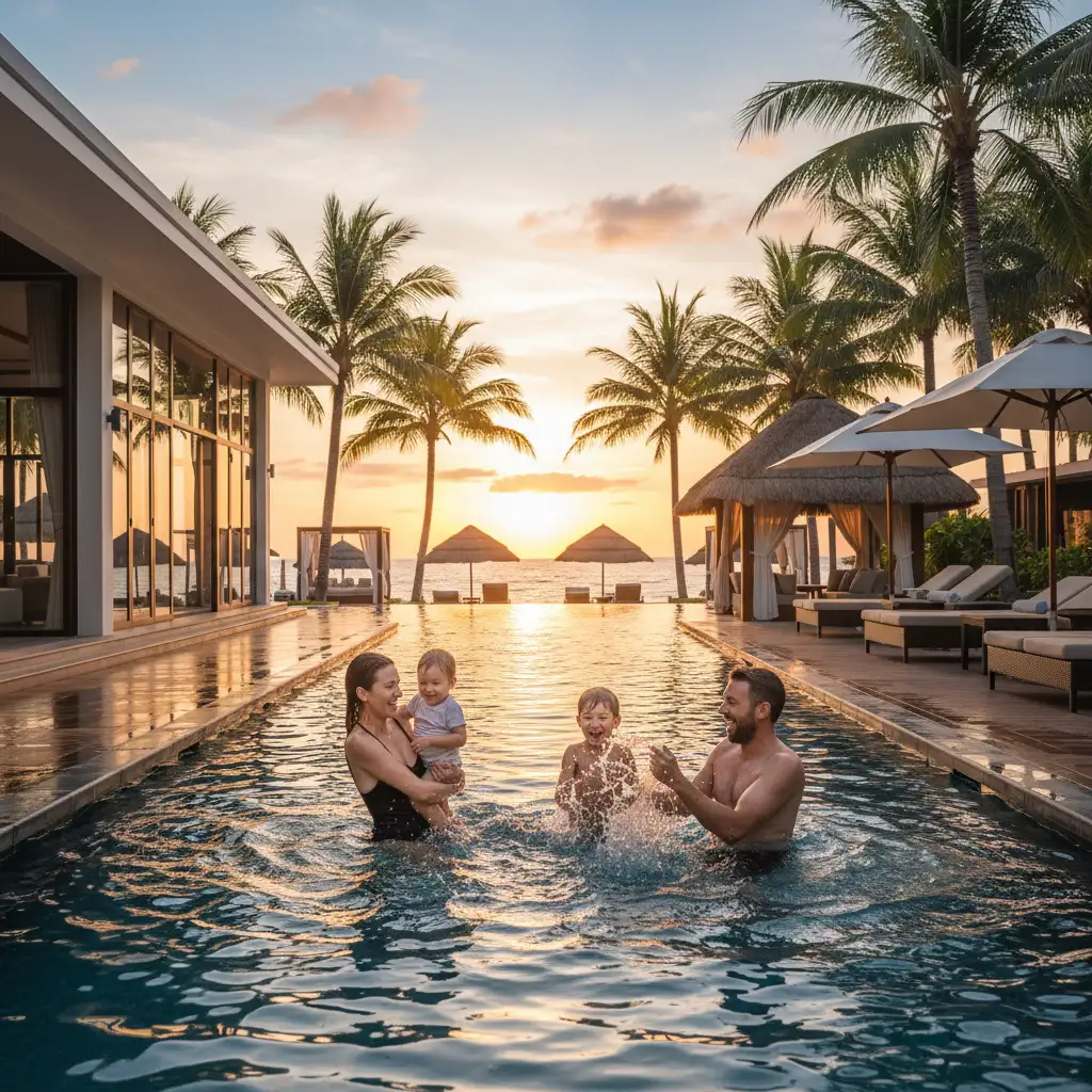Family enjoying the tropical pools at Radisson Blu Fiji
