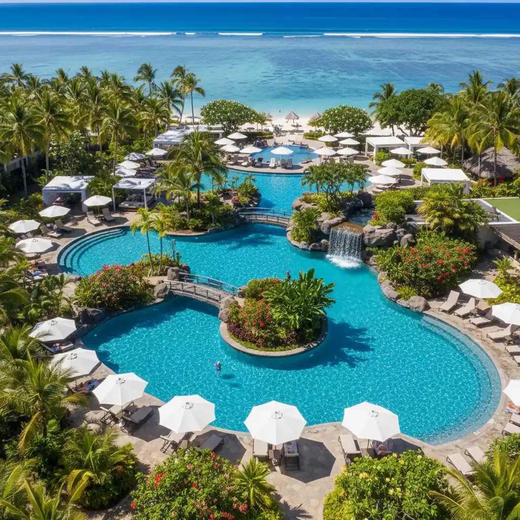 Aerial view of the climate-controlled lagoon pools at Radisson Blu