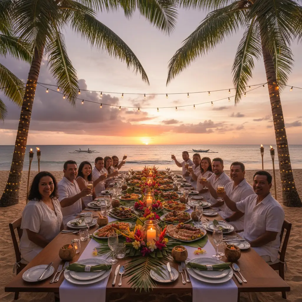Group dining setup on a beach in Fiji
