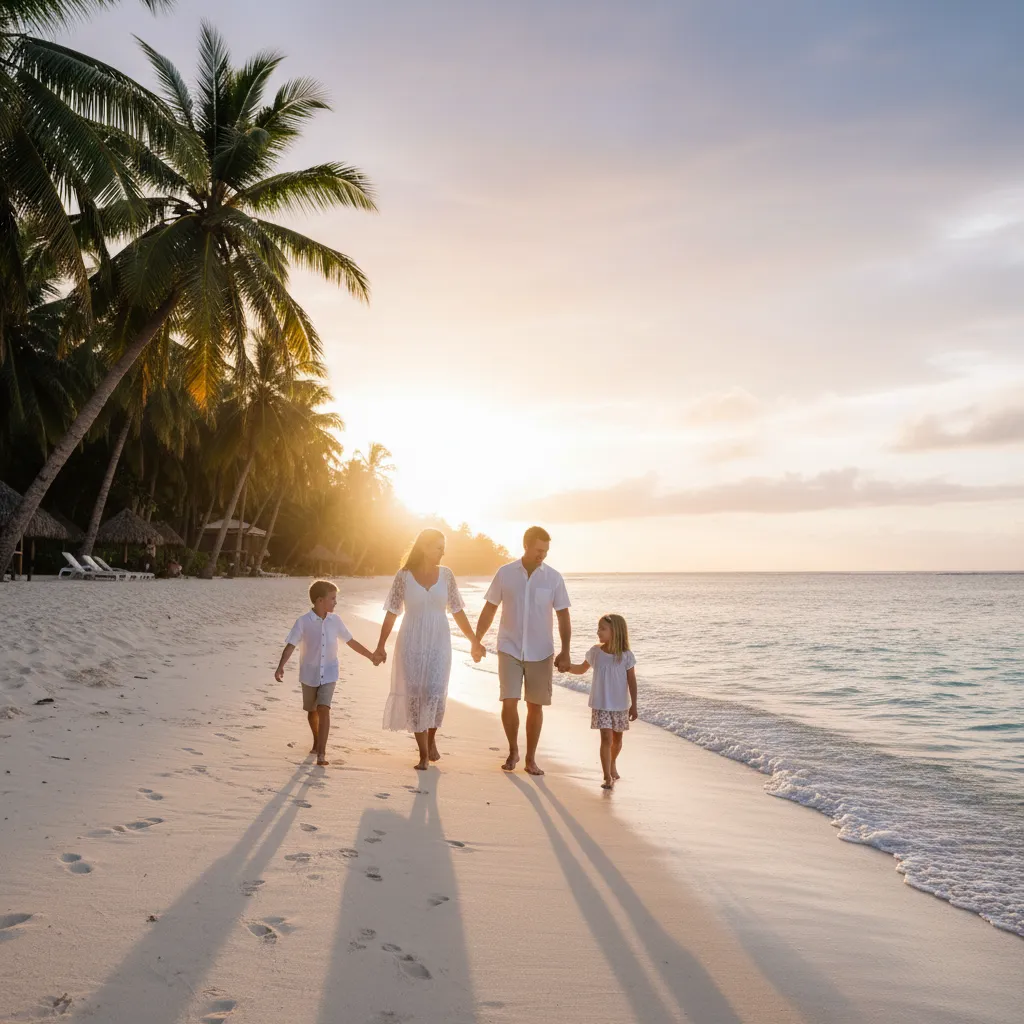 Family walking safely on a Fiji beach during sunset