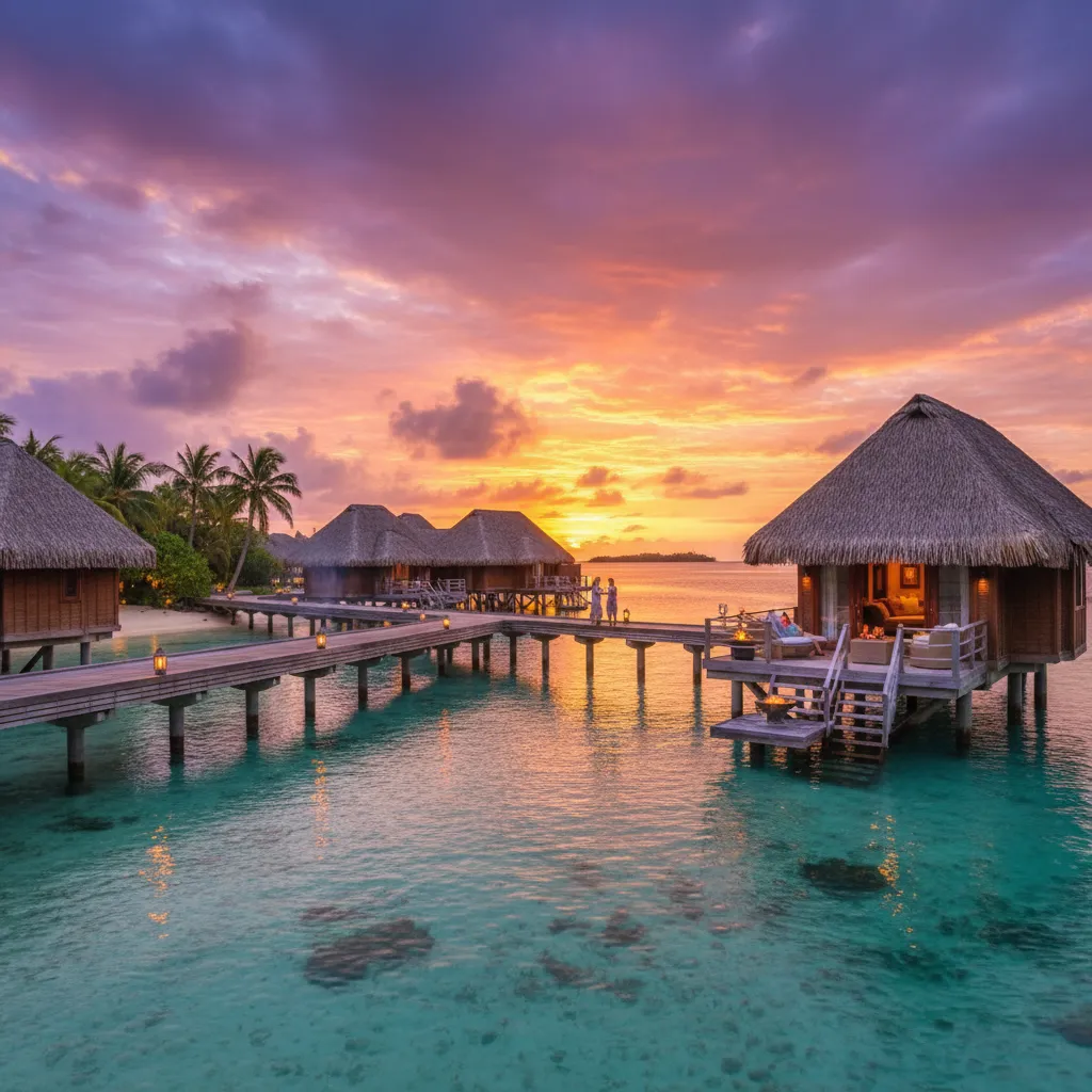 Luxury overwater bungalow in Fiji at sunset