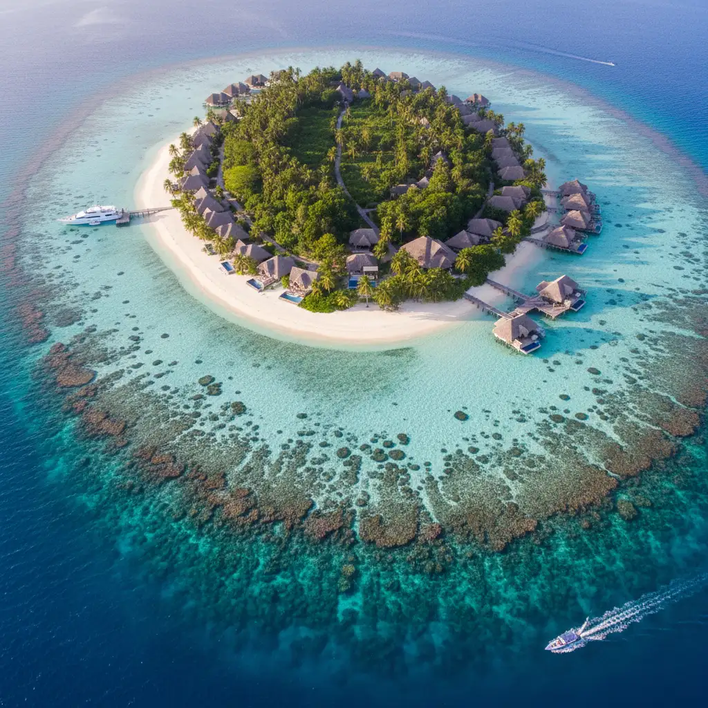 Aerial view of a secluded adult-only island resort in Fiji