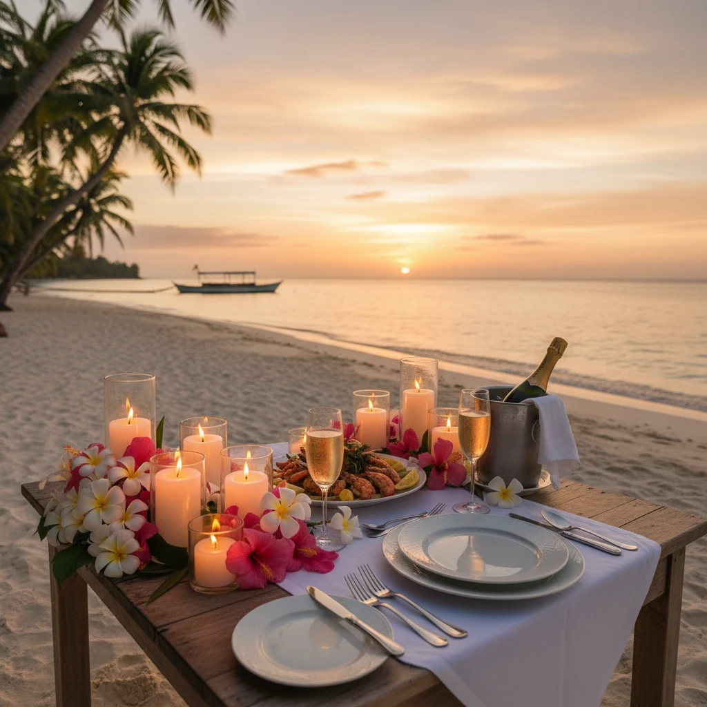 Romantic private beach dinner at a luxury Fiji resort