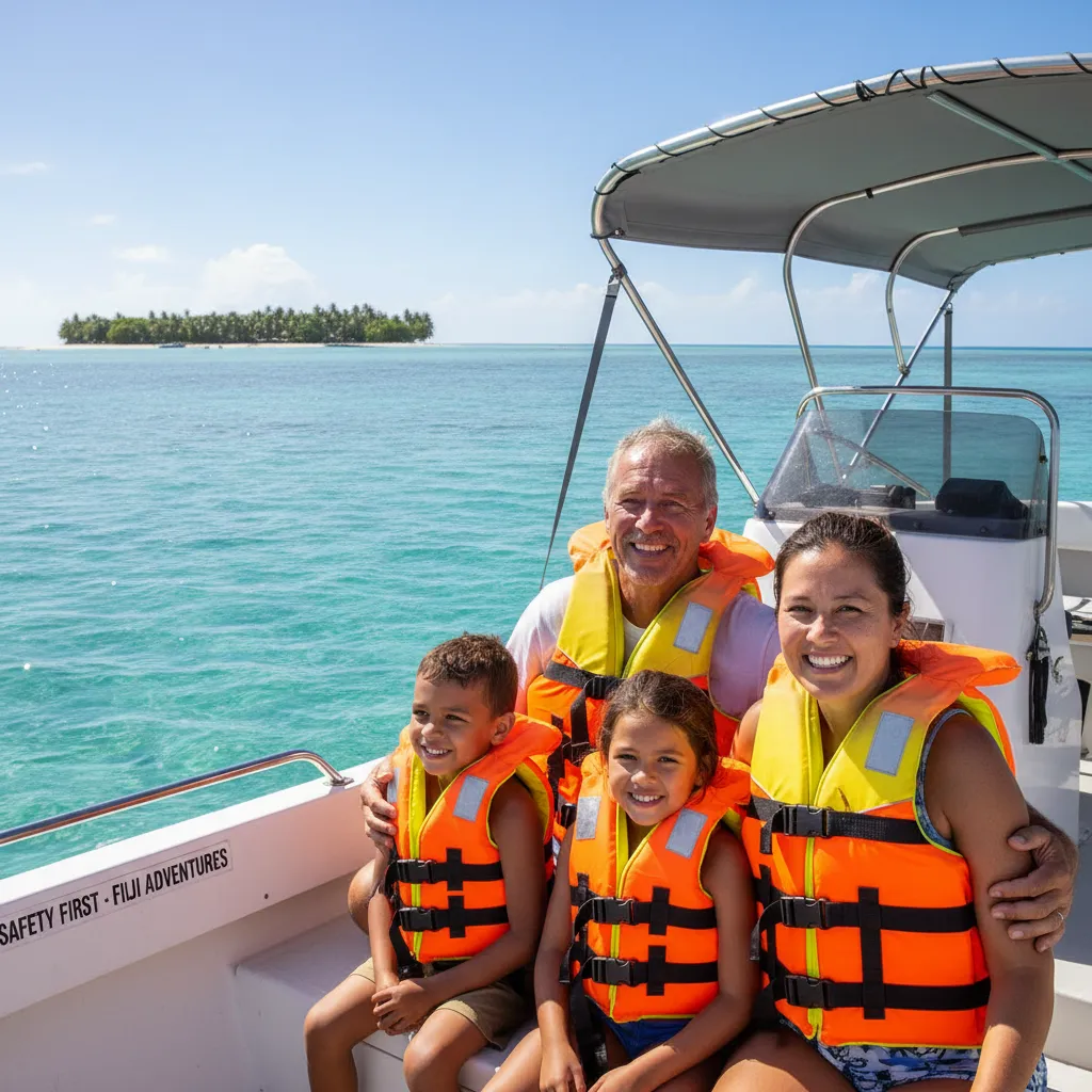 Family wearing life jackets on a boat in Fiji