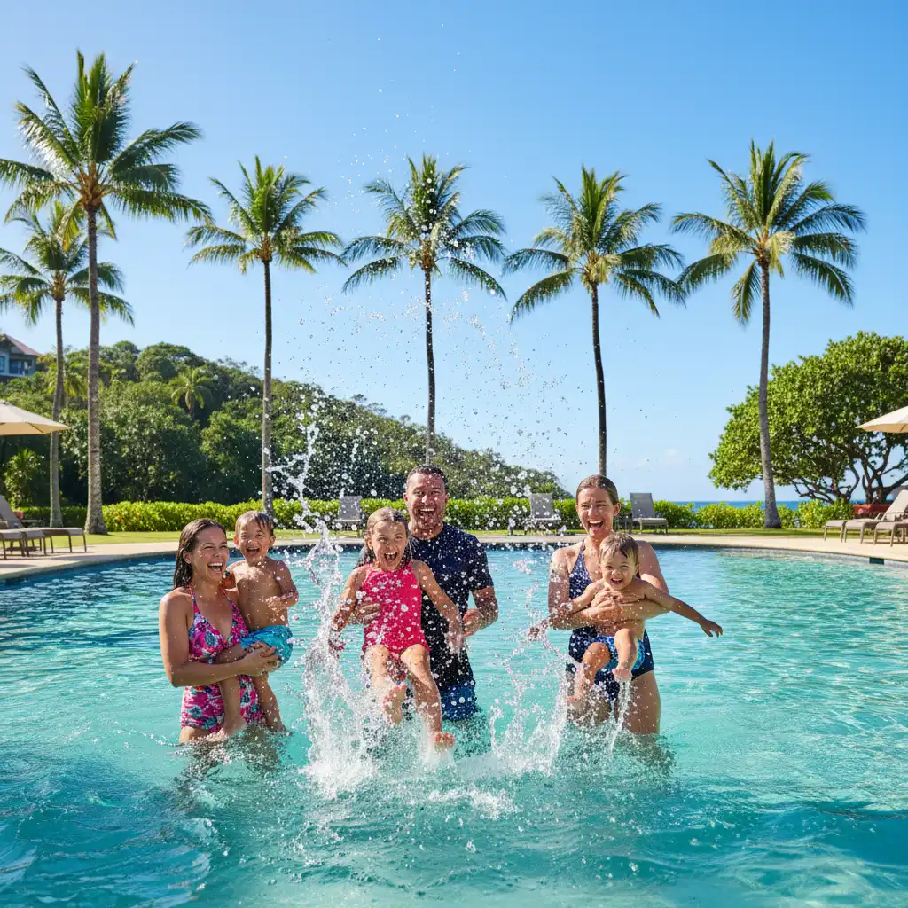 Family enjoying the lagoon pool at Radisson Blu Fiji