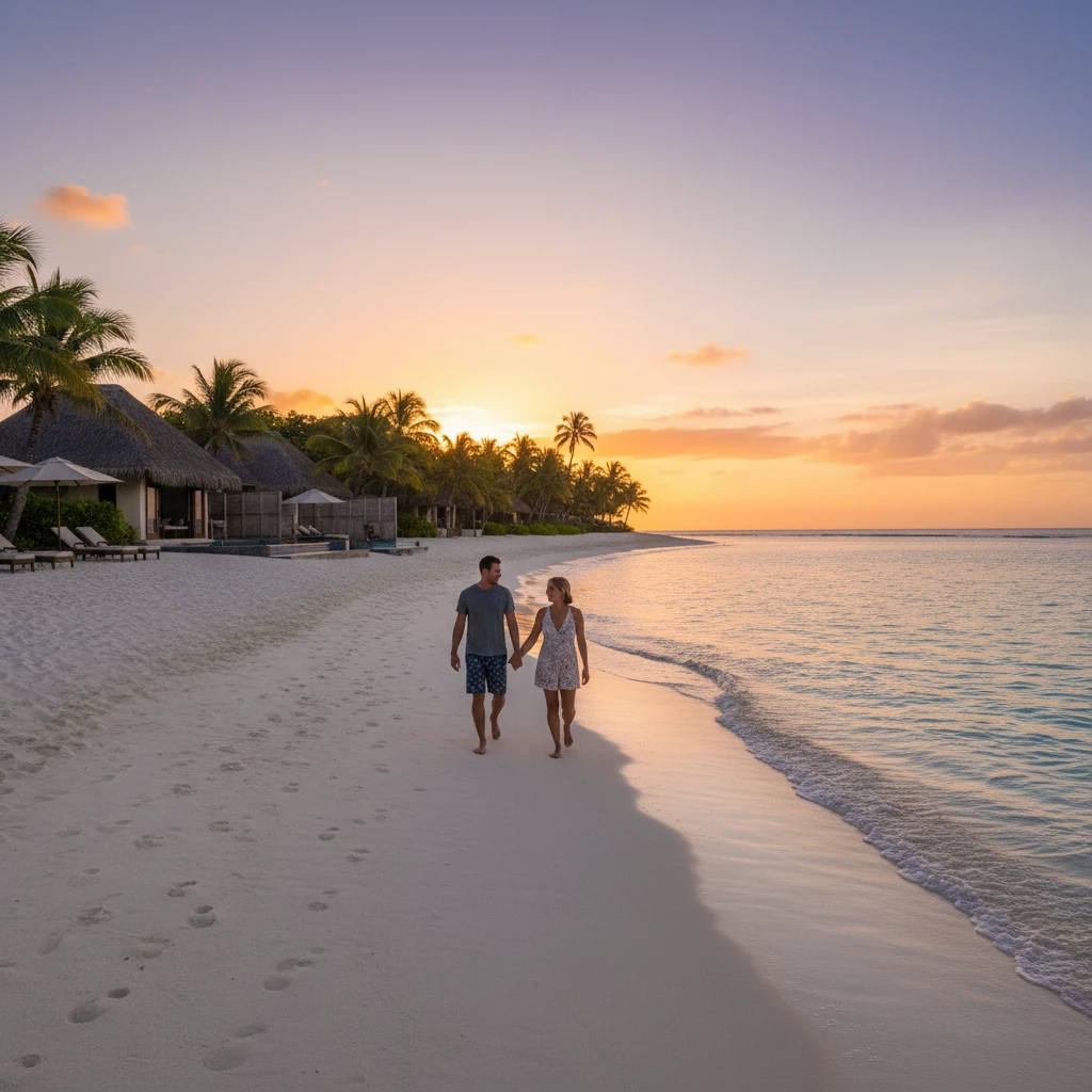 Couple walking on a private beach at one of the best adults only resorts in Fiji