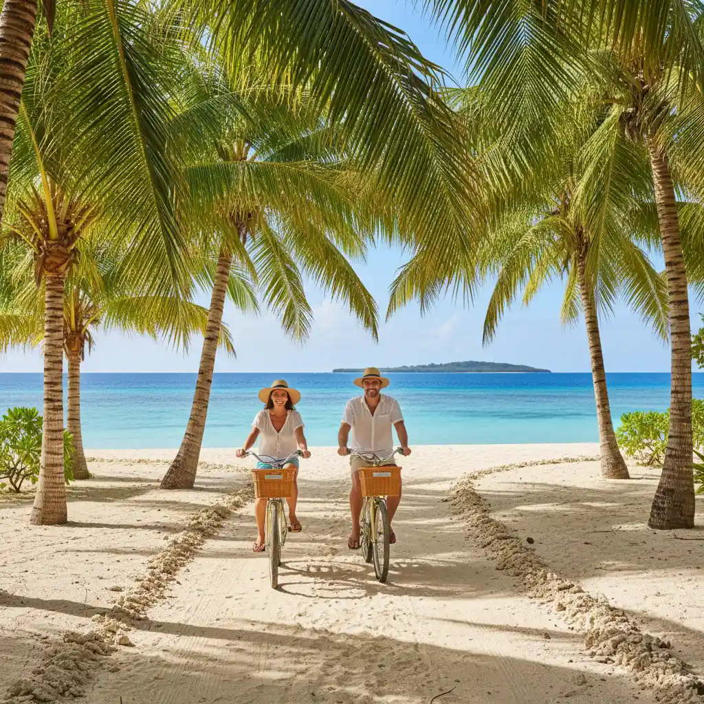 Couples cycling at Lomani Island Resort Fiji