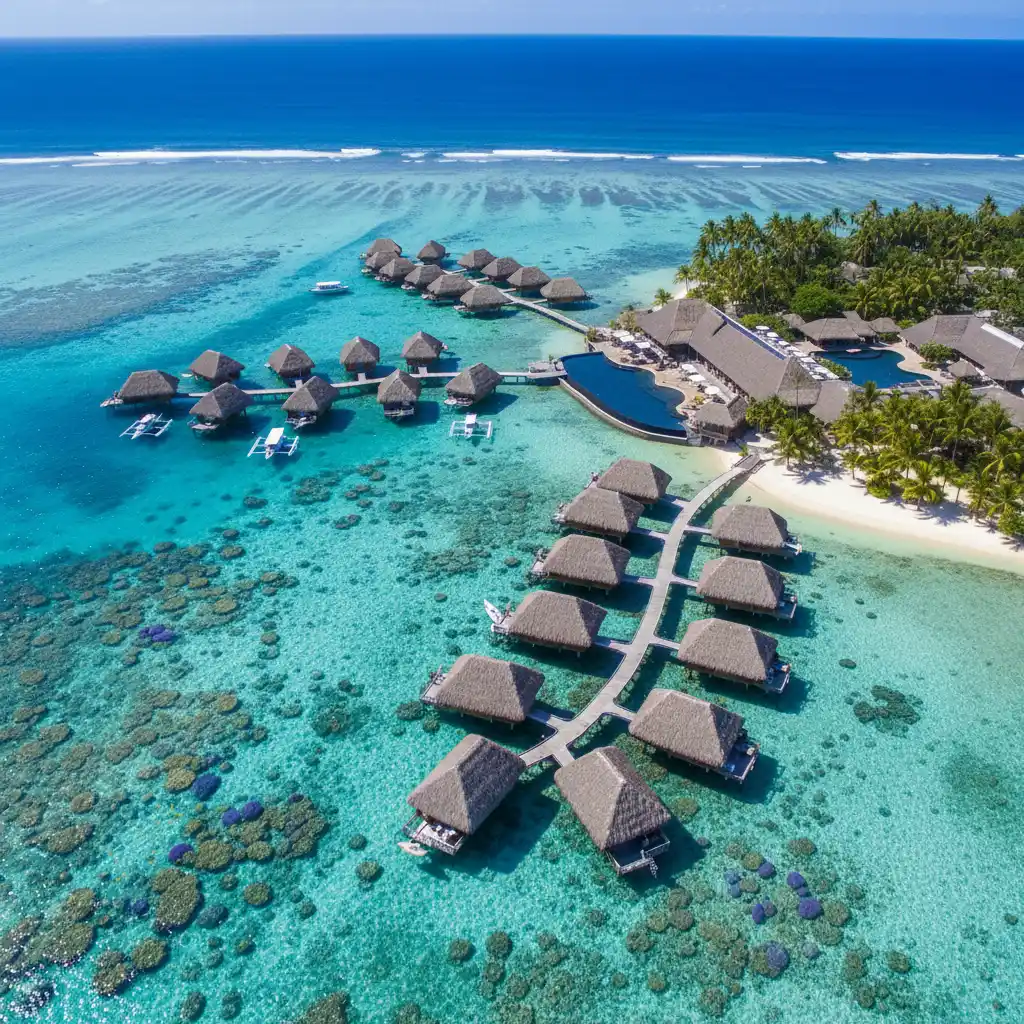 Aerial view of overwater bungalows in a Fijian lagoon