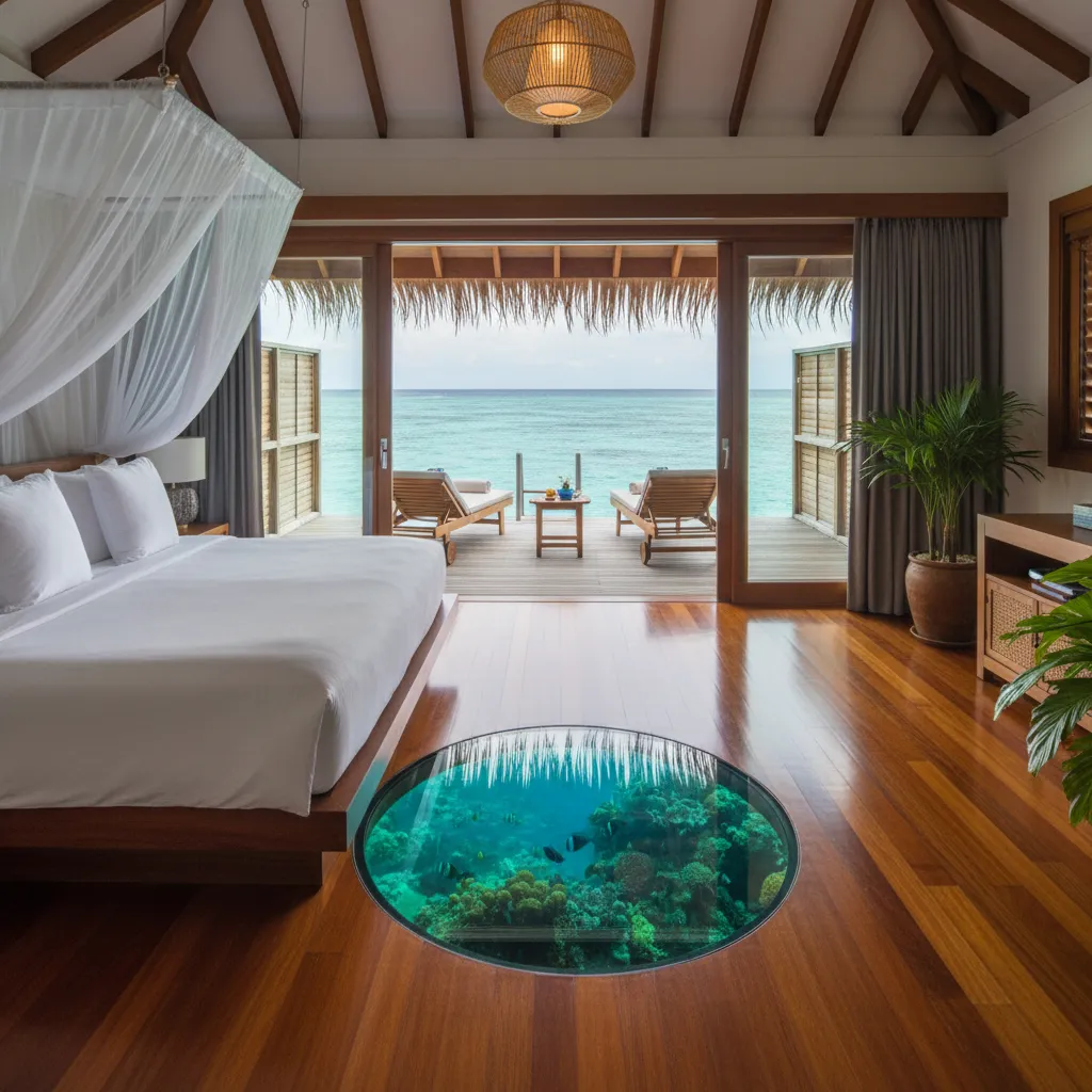 Interior of a luxury Fijian overwater bungalow with glass floor