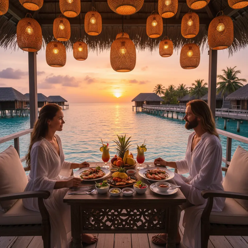 Romantic sunset dinner on an overwater bungalow deck