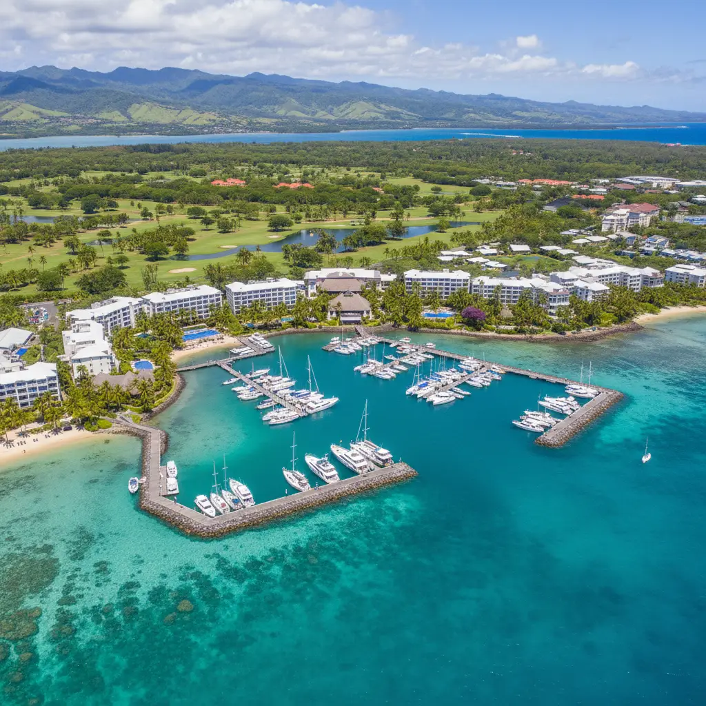 Aerial view of Denarau Island resorts perfect for short breaks