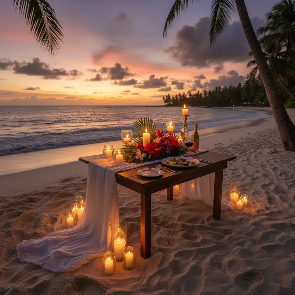 Romantic private beach dinner setting in Nadi at sunset