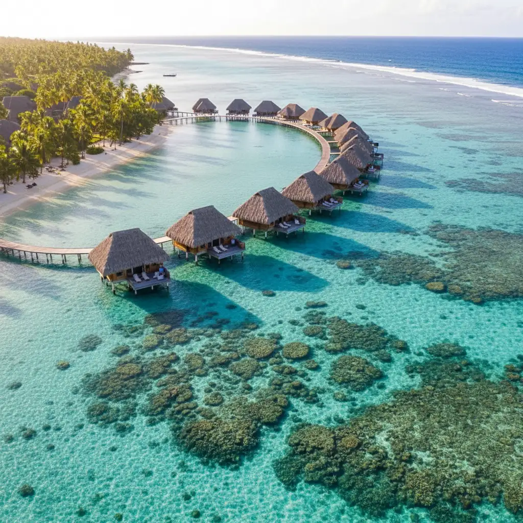 Aerial view of luxury overwater bungalows in a Fijian lagoon