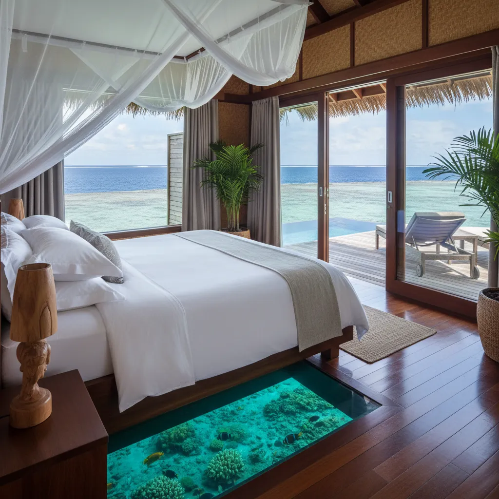Interior of a luxury overwater bungalow with glass floor panel