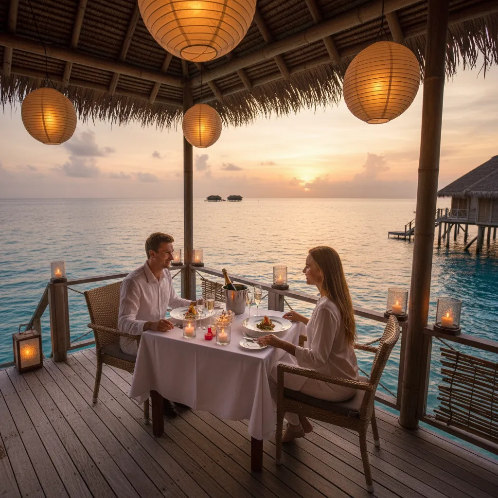 Romantic sunset dinner on an overwater bungalow deck