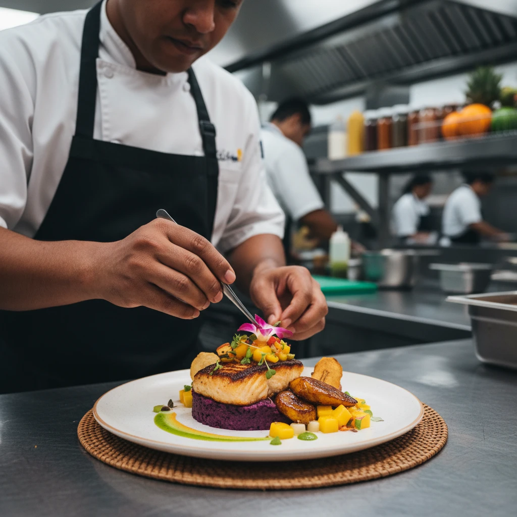 Chef plating gourmet Fijian fusion cuisine