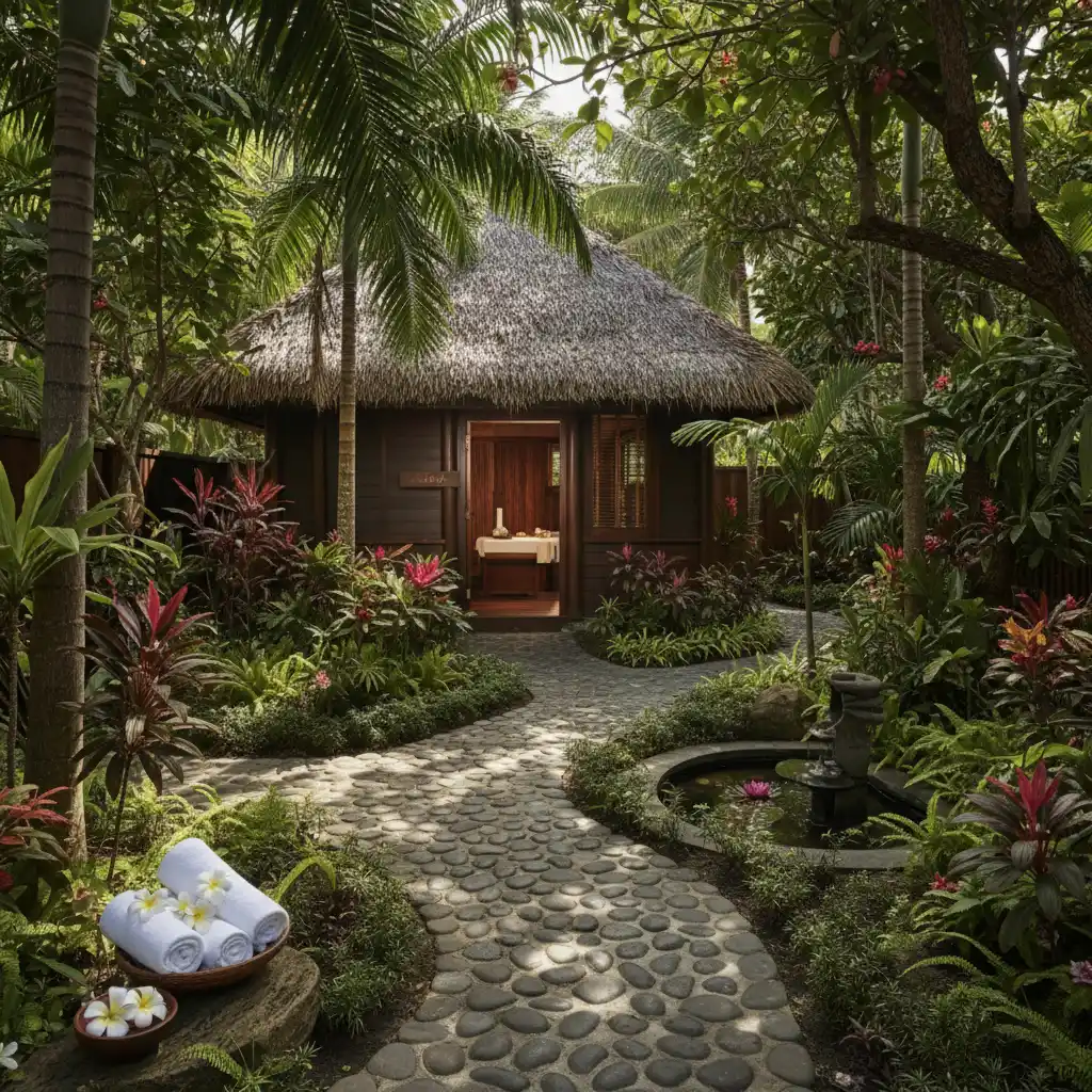 Private spa bure at Sofitel Fiji surrounded by gardens
