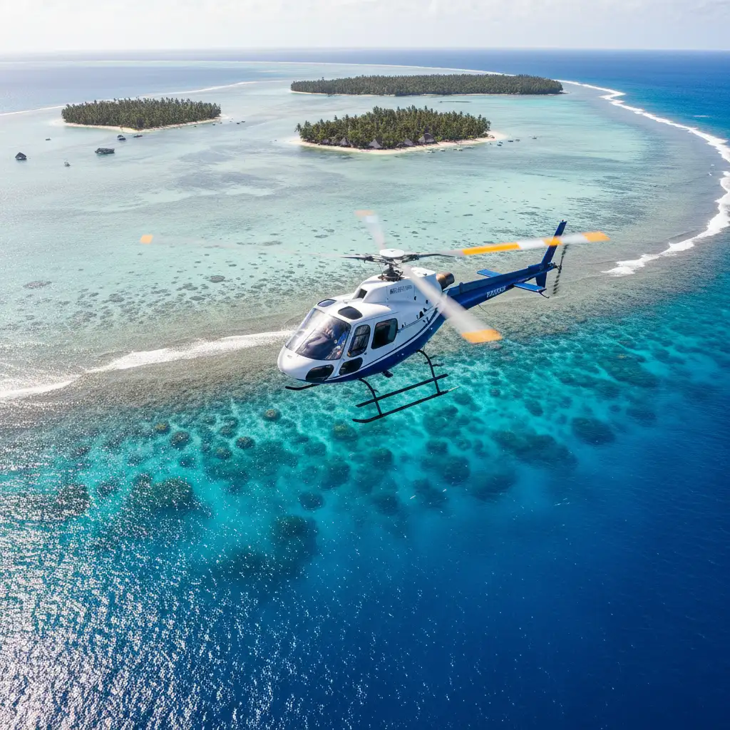 Aerial view of a helicopter transfer over Fiji coral reefs