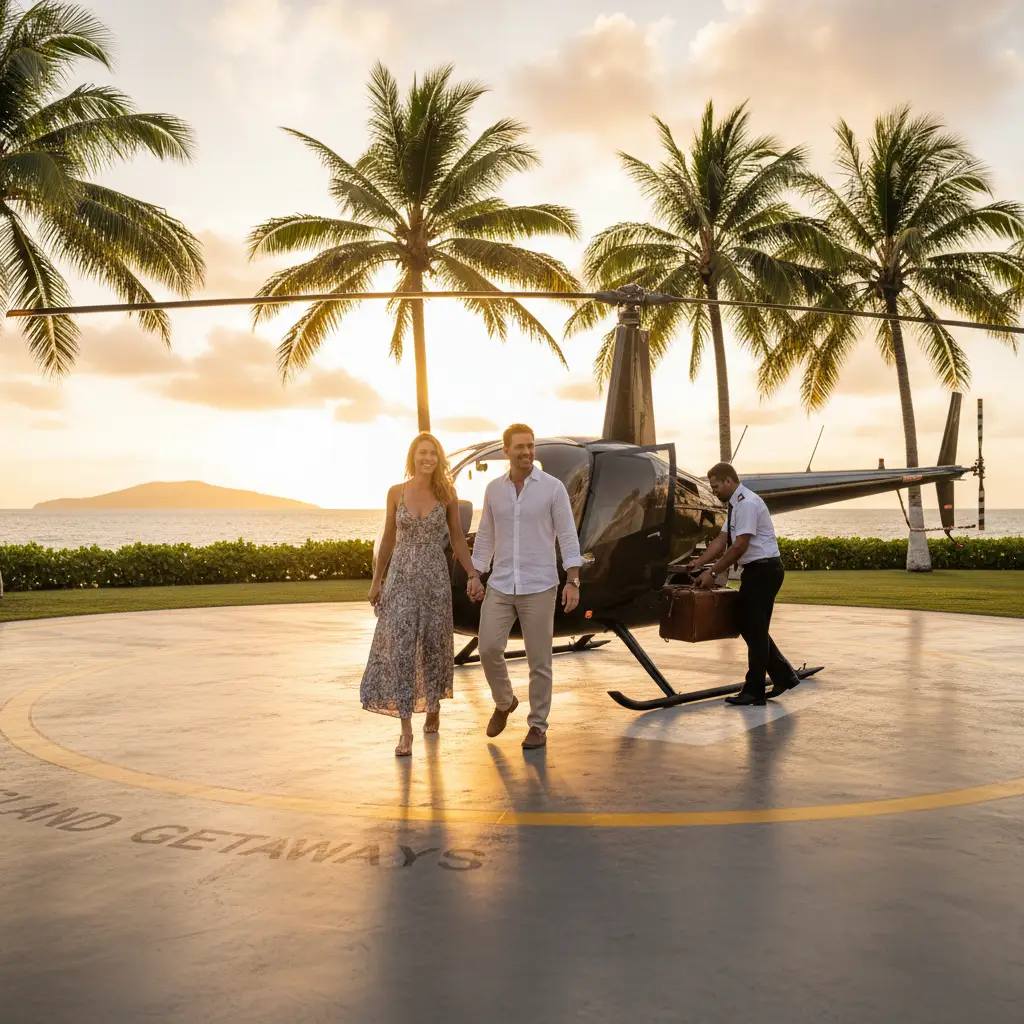 Couple boarding a helicopter transfer at a Fiji resort