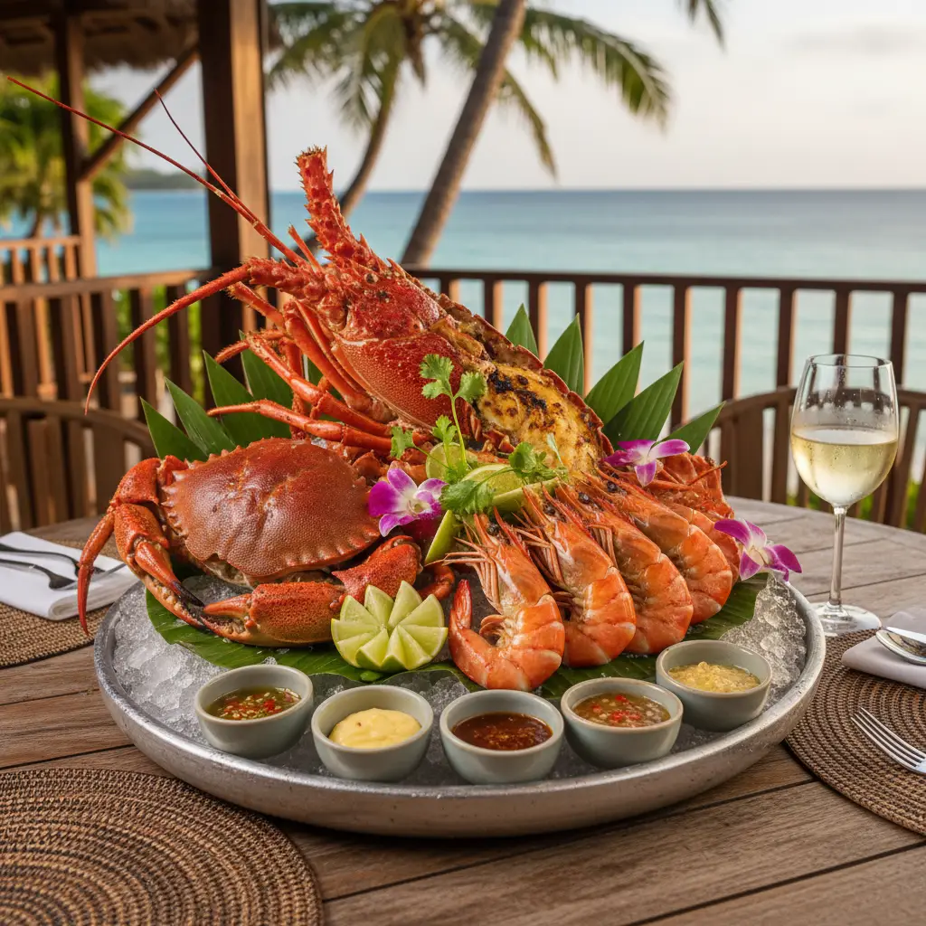 Gourmet seafood platter at a fine dining restaurant in Nadi