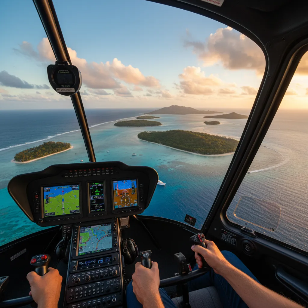 View from inside helicopter cockpit over Fiji islands